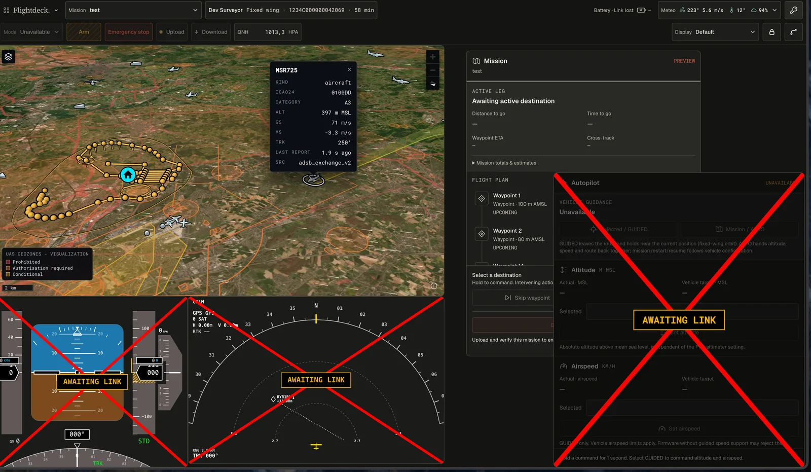 Flightdeck cockpit with a planned fixed-wing mission, UAS geozones, and ADS-B traffic on the map beside the mission panel. With no aircraft connected, the flight instruments read Awaiting link.